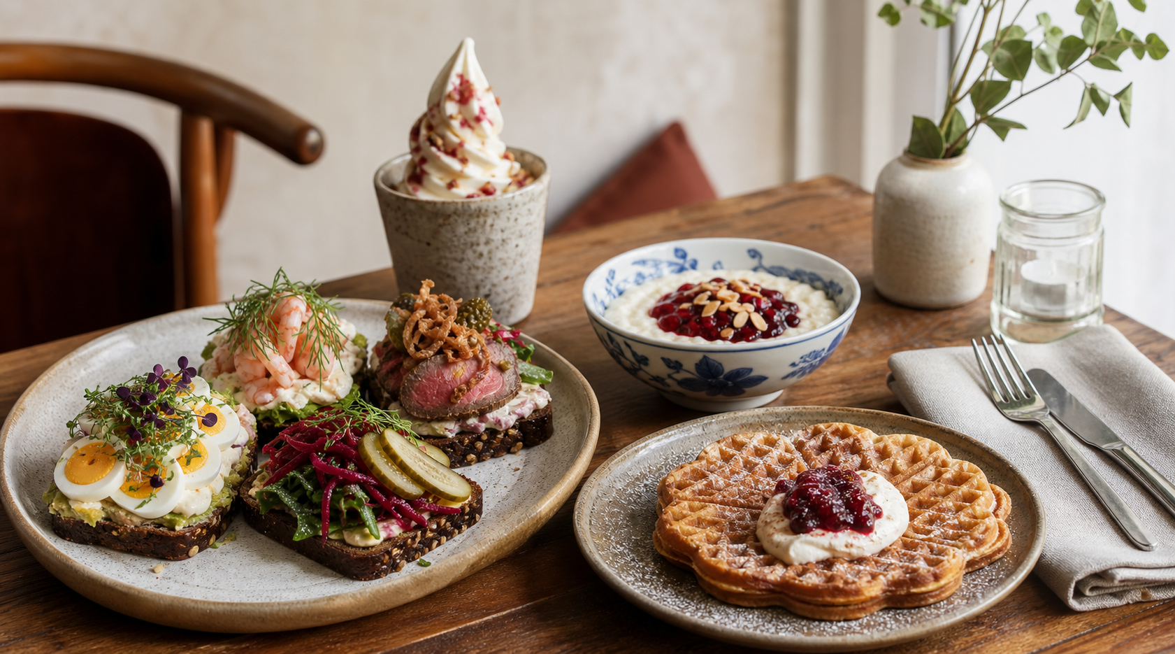 Deutsch-dänische Bistrogerichte mit Smörrebröd, Milchreis, Waffel und Softeis